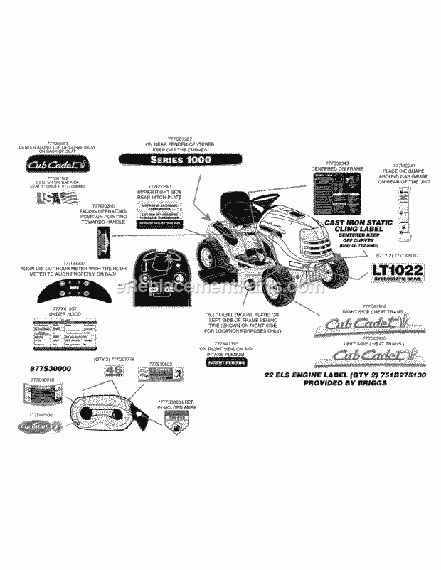 Label Map Diagram and Parts List for LT1022 13AB11CH710, 13AB11CH712 Cub Cadet Lawn Tractor